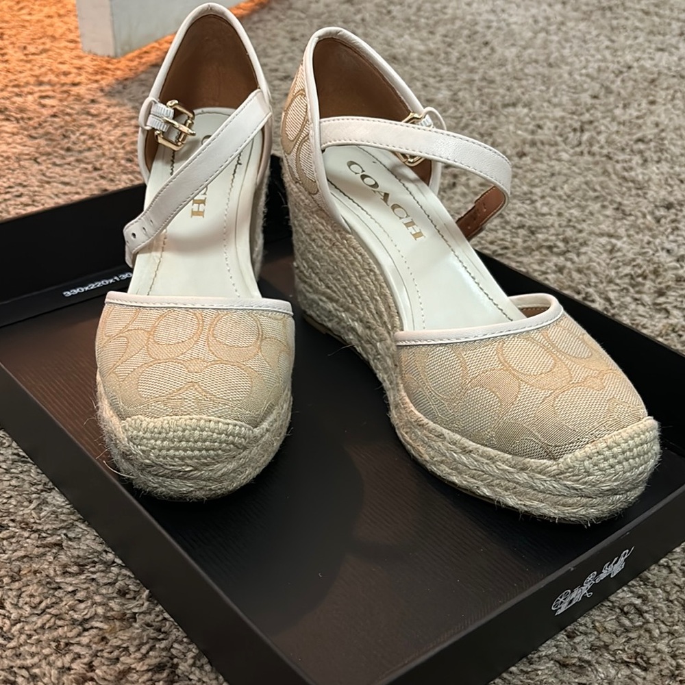 Coach Cream Wedge Sandals with Ankle Strap and Closed Toe